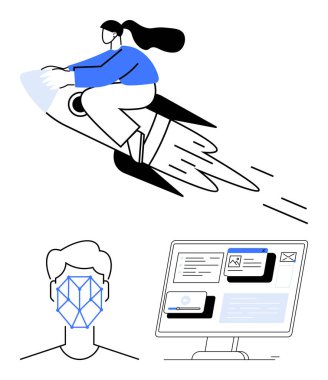 İlerleme ve yeniliği temsil eden roketli kadın, geometrik yüz tanıma modeli, uygulamalı ve e-postalı bilgisayar ekranı. Teknoloji, yaratıcılık, güvenlik, yenilik ve iletişim için ideal