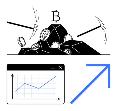 Kayalardan kripto para çıkartan madencilik araçları, yukarıda bitcoin sembolü, yukarı doğru eğilimi gösteren grafikler. Finans, engelleme zinciri, yatırım, teknoloji, madencilik, piyasa büyümesi için ideal dijital
