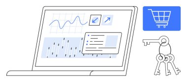 Analitik grafik ve verileri gösteren dizüstü bilgisayar, mavi e-ticaret arabası simgesi, güvenliği sembolize eden anahtarlar. Veri yönetimi, güvenlik, e-ticaret, iş büyümesi, analiz, fintech işlemleri için ideal