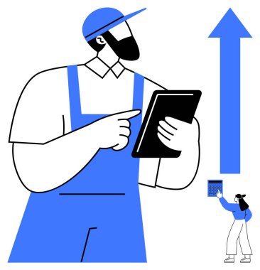 İşçi tulumlu bir tablet kullanıyor, dikkatle işaret ediyor. Yukarı doğru büyük ok büyümeyi simgeler. Yönetim kurulu üyelerinin küçük bir kısmı takım çalışması ve organizasyonu ön plana çıkarıyor. Üretkenlik ve takım çalışması için ideal