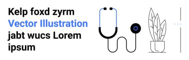 Dekoratif metnin yanında steteskop ve sağlık, sağlık, teşhis, modern tasarım, minimalizm, eğitim ve basit iniş sayfası temaları için saksı bitkisi çizimi