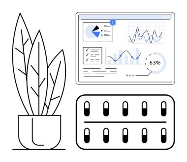 Tıbbi grafikler, analitikler ve hap paketinin yanında saksı bitkisi var. Sağlık takibi, doğal ilaçlar, teknoloji, ilaç, araştırma, veri görselleştirme dairesi için ideal