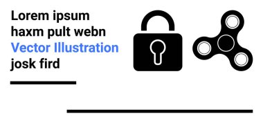 Yer tutucu metin ve satırları olan siyah kilit simgesi ve kıpır kıpır dönen. Güvenlik, yenilik, denge, farkındalık, basitlik, markalaşma, basit iniş sayfası için ideal