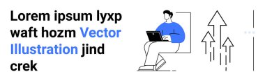 Dizüstü bilgisayarla oturan ve görevlere odaklanan biri. Yükselen oklar büyüme, ilerleme ve başarıyı temsil ediyor. İş için ideal, üretkenlik, performans, yenilik stratejisi geliştirme