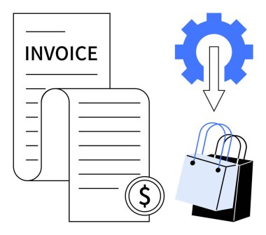 Dolar sembollü fatura, aşağı ok teçhizatı, alışveriş torbaları. Finans, fatura, ödeme, alım satım, e-ticaret, perakende işletme yönetimi için idealdir.