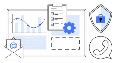 Veri trendlerinin grafiği analiz ediliyor, kontrol listesi ve teçhizatlı pano, e- posta simgesi, sohbet balonu, kilitlenmiş kalkan. İş için ideal, iş akışı yönetimi, veri analizi, siber güvenlik iletişimi