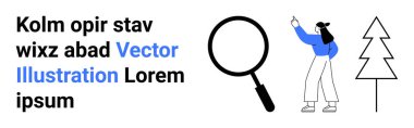 Mavili kadın yer tutucu metni, büyük büyüteç ve basit ağaç çizgisi gösteriyor. Arama kavramları, keşifler, doğa temaları, eğitim, asgari tasarım, bilgi görselleri için ideal