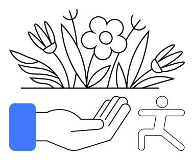 Çiçekler ve koşan insan figürünün altında el desteği sunuyor. Büyüme, yetiştirme, bakım, fitness, sağlık, çevre, sürdürülebilirlik için ideal. Düz basit metafor