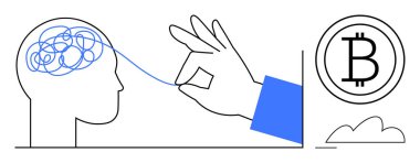 Karışık beyinden ipliği çekmek berraklığı ve Bitcoin 'le bağlantıyı gösteriyor. Finans, kripto para, yenilik, problem çözme, zihinsel berraklık, dijital ekonomi yaratıcılığı için idealdir. Düz