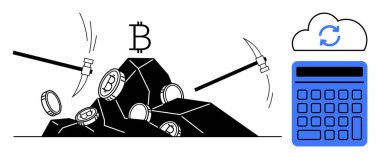 Kayalardan Bitcoin sikkeleri çıkaran kazmalar kripto para madenciliğini vurguluyor. Senkronize sembol ve hesap makineli bulut verimliliği ve dijital araçları vurgular. Kripto para birimi ve madencilik için ideal