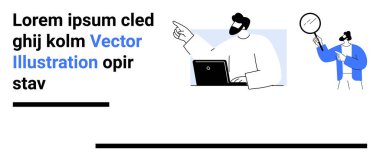 Dizüstü bilgisayarda çalışan ve işaret eden bir adam, büyüteç kullanarak analiz eden bir karakter ile eşleştirilmiş. Takım çalışması, araştırma, yaratıcılık, üretkenlik, analitik, problem çözme, basit iniş sayfası için ideal