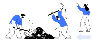 İşçiler, bir liderin rehberliğinde taşları aletlerle kırıyorlar. Takım çalışması, liderlik, emek, madencilik, rehberlik, işbirliği, verimlilik için ideal. Düz basit metafor