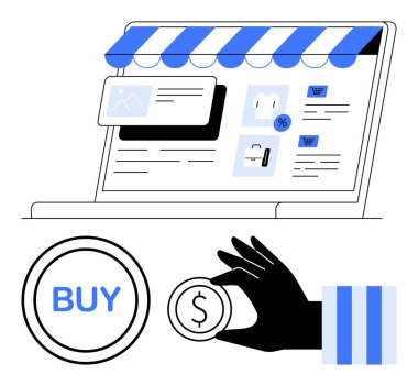 Bilgisayarda bir e-ticaret sitesi, mağaza vitrinleri, ödeme ikonu ve bozuk para tutan bir el var. Perakende satış, e-ticaret, ödeme, online mağaza pazarlama alışveriş teması için ideal. Modern