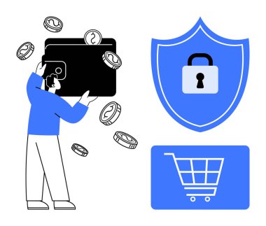 Bozuk paralar düşerken adam büyük boy cüzdan tutuyor. Kalkandaki ve alışveriş arabasındaki asma kilit güvenli işlemleri gösteriyor. Finans, e-ticaret, güvenlik, teknoloji, güven, veri koruması için ideal, çevrimiçi