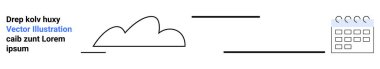 Minimalist takvim ikonu ve yer tutucu metnin yanında soyut çizgiler olan bir bulut. Zamanlama, planlama, bulut depolama, organizasyon, hatırlatıcılar, teslim tarihleri, iş araçları, basit iniş için ideal