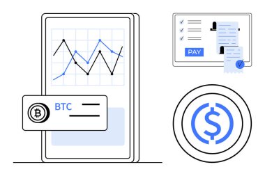 Mobil ekranda yükselen eğilimli bir kripto para birimi çizelgesi, ödenmiş bir ödeme makbuzu ve bir de stabil para birimi simgesi var. Yatırım, kripto, finans yönetimi, fintech, ticaret için ideal