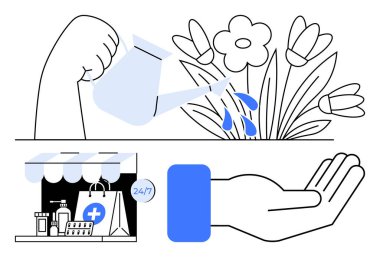 Çiçekleri elle sulama, tıbbi malzemelerle depolama ve büyümeyi, sağlık hizmetlerini ve desteği ön plana çıkaran açık eller. Kişisel bakım, sağlık erişimi, toplum yardımı, bağışların dayanıklılığı için ideal