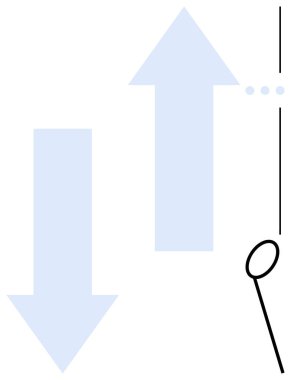 Yukarı ve aşağı doğru büyük oklar kontrastı ve ikiliği sembolize eder, büyüteçle tamamlanır. Karar verme, büyüme, analiz, ilerleme, çatışma, strateji, düz metafor için ideal