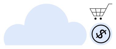 Mavi bulut, alışveriş arabası ve dolar sikkeleri bulut hesaplamasını, online alışverişi, dijital ödemeleri ve ekonomik büyümeyi simgeliyor. Perakende, teknoloji, e-ticaret yenilik bulutu için ideal