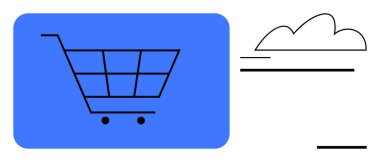 Alışveriş arabasının yanında soyut bulut tasarımı online alışveriş, e-ticaret, bulut hesaplama veya teslimat kavramlarını temsil ediyor. Perakende, teknoloji, dijital ticaret, çevrimiçi mağazalar ve taşımacılık için ideal