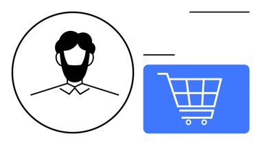 Çemberin içinde mavi bir alışveriş arabası ikonu olan bir adamın profil ikonu. E-ticaret, müşteri profilleri, çevrimiçi alışveriş, perakende yönetimi, dijital pazarlama, kullanıcı hesap sistemleri için ideal