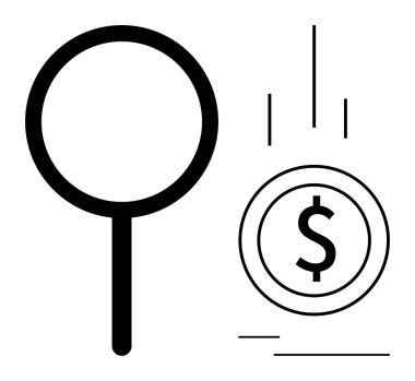 Düşen bir madeni paranın yanında hareket çizgileri olan büyüteç. Finans, yatırım, tasarruf, piyasa eğilimleri, ekonomik analiz, iş stratejisi, zenginlik için ideal. Düz basit metafor