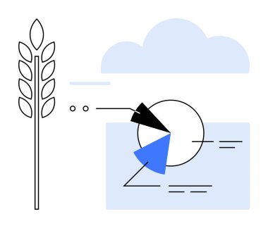 Buğday sapı, turta grafiğinin yanında bulut şeklindeki veri gösterimiyle birlikte. Tarım, sürdürülebilirlik, analitik, hava tahmini, hassas tarım, gıda üretimi için ideal