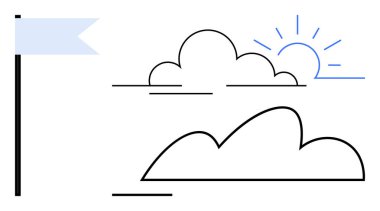 Basit çizgi sanatı bulutları, güneş ışınları ve bayrak direği. Rehberlik, hedefler, yön, liderlik, berraklık iyimserliği için ideal başarı. Modern düz basit metafor