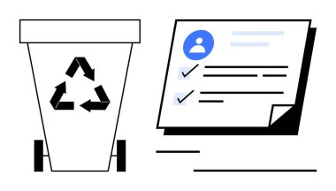 Geri dönüşüm kutusu, kullanıcı profili simgesi, seçili kutular ve detaylarla birlikte bir kontrol listesi belgesinin yanında geri dönüşüm işareti var. Atık yönetimi, sürdürülebilirlik, görev tamamlama, organizasyon için ideal