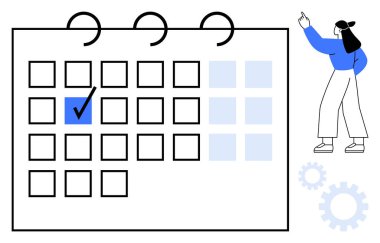 İşaretli tarihli takvim, ona işaret eden kişi, organizasyonu sembolize eden dişli öğeler. Program, planlama, zaman yönetimi, verimlilik, etkinlik teslim tarihleri için ideal. Düz basit metafor