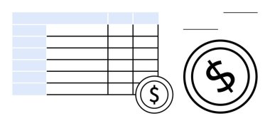 Madeni para grafiklerinin yanındaki hesaplamaları gösteren sütunları ve sıraları olan tablolar finansal planlamayı vurguluyor. Muhasebe, yatırım, gelir takibi, bütçe ve iş stratejisi için ideal