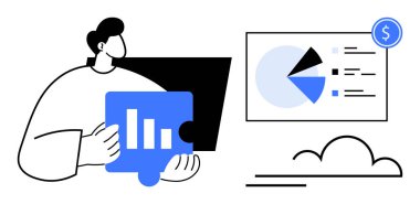 Ekranda bulmaca parçası grafiği ve pasta grafiği analizi olan kişi. İş, veri analizi, bütçe, finans, takım çalışması, strateji, yatırım için ideal. Temiz düz basit metafor