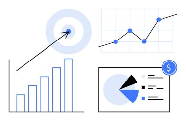 Çubuk çizelgesi, ok, çizgi grafiği ve pasta grafiği ile hedeflenen büyüme, hedef belirleme, trendler ve istatistikler. İş için ideal, veri analiz stratejisi performans pazarlama düzeyi