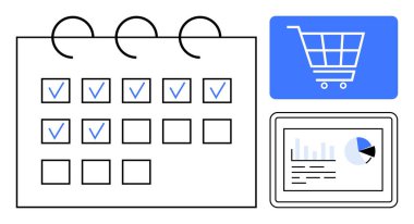 Kontrol işaretli takvim, tablet üzerinde analiz, alışveriş arabası. Planlama, verimlilik, e-ticaret, organizasyon, iş yönetimi analizleri için ideal online alışveriş. Düz basit metafor