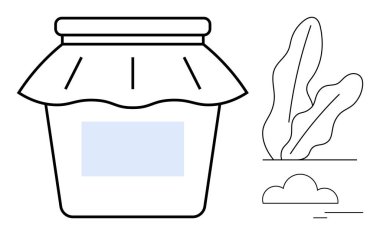 Kumaş kapaklı kavanoz ve soyut bitki ve küçük bulut ile birlikte boş etiket. Paketleme, doğa, sürdürülebilirlik, ev yapımı, organik ürünler, bahçıvanlık, ekoloji, düz basit metafor için ideal