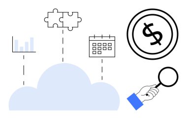 Analiz, takvim, yapboz parçaları ve dolar işaretli büyüteçle bağlantılı bulut. Teknoloji, finans, verimlilik, veri yönetimi ve bulut hizmetleri için ideal. Düz basit