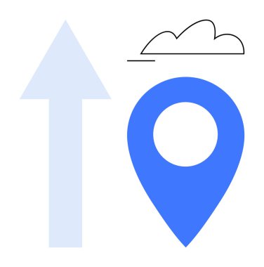 Mavi konum iğnesi yukarı doğru ok ve bulut minimalist tarzda. Navigasyon, ilerleme, büyüme, konum hizmetleri, haritalama, dijital strateji ve yenilik için ideal. Düz basit metafor