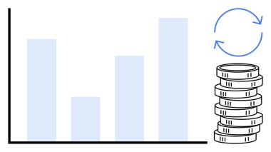 Veri eğilimlerini gösteren çubuk grafik, serveti sembolize eden bozuk para yığını ve yeniden yatırım için ok döngüsü. Finans, büyüme, ekonomi, bütçe ve yatırım analizleri için ideal. Düz basit