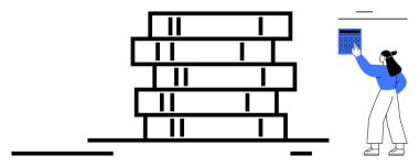 Büyük kitapları istifleyen kadın, bilginin, organizasyonun, öğrenmenin ve büyümenin altını çiziyor. Eğitim, işyeri becerileri, bilgi yönetimi, öğrenim planlaması, kütüphaneler verimliliği için ideal