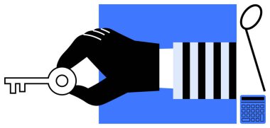 Erişimi, çözümleri ya da fırsatı sembolize eden anahtar elle kavrama. Analiz, araştırma ve karar verme konusunda yakınlaştırıcı ve hesap makinesi ipuçları. Sorun çözme, erişim ve çözümler için ideal