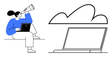 Dizüstü bilgisayarlı bir kadın, fikirleri keşfetmek için teleskop kullanıyor, bir bulut ve bilgisayar ekranı ile. Yenilik, keşif, bulut hesaplama, veri analizi, yaratıcılık, vizyon dijital geleceği için ideal