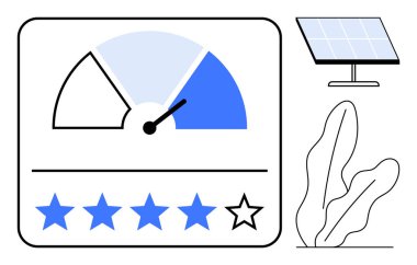 Mavi kısımdaki işaretçi ile ölçüm performansı, bir solmuş yıldız, güneş paneli ve soyut bitki şekilli beş yıldızlı ölçek. Sürdürülebilirlik, enerji, geri bildirim, yenilik ve ilerleme için ideal