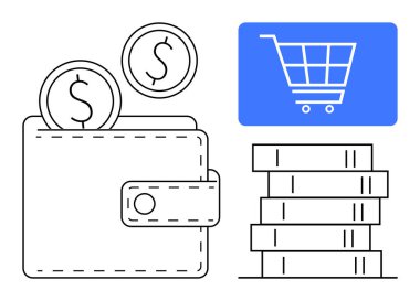 İçinde madeni paralar, istiflenmiş kitaplar ve bir alışveriş arabası ikonu olan cüzdan, finans, e-ticaret ve eğitimi birleştiriyor. Bütçe, çevrimiçi alışveriş, mali planlama, e-öğrenim birikimleri için ideal