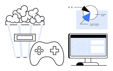 Oyun kumandası, bilgisayar monitörü ve analitik çizelgesinin yanında patlamış mısır kovası. Eğlence, oyun, yayın, sinema, veri analizi dijital medya ve teknoloji kavramları için idealdir. Düz basit