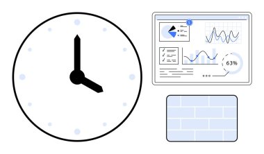 Veri analiz panelinin yanında analog saat grafikleri, grafikleri ve istatistikleri gösteriyor. Boş fayanslı arka plan. Üretkenlik, verimlilik, planlama, analiz, iş programlama performansı için ideal