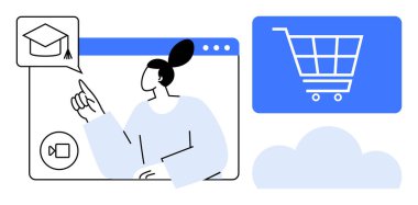 Tarayıcı penceresindeki mezuniyet şapkası simgesini gösteren bir kadın, bulutun yanındaki alışveriş arabası. Eğitim, e-ticaret, dijital araçlar, bulut teknolojisi, sanal öğrenme, çevrimiçi etkileşim için ideal