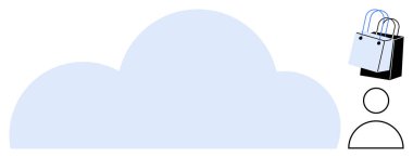 Alışveriş torbaları ve kullanıcı simgesiyle bulut şeklinde. Dijital depolama, çevrimiçi alışveriş, kullanıcı etkileşimi, müşteri deneyimi, e-ticaret, bulut hesaplama, veri yönetimi için ideal. Soyut satır düzlüğü