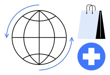 Oklu, alışveriş çantalı ve uluslararası ticaret, ticaret ve sağlık hizmetlerini temsil eden tıbbi haçlı bir dünya. E-ticaret, sürdürülebilirlik, küreselleşme, sağlık lojistik ekonomisi için ideal