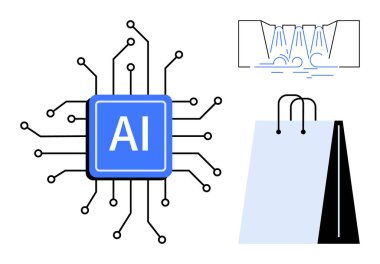Bağlı devreli yapay zeka çipi, perakendeciyi sembolize eden alışveriş torbası ve veri akışı için şematik şelale. Teknoloji, perakende, yapay zeka entegrasyonu, yenilik, e-ticaret, otomasyon dairesi için ideal