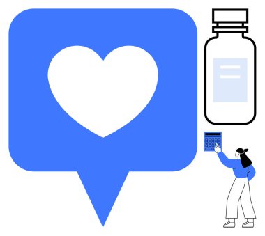 Üzerinde etiket olan bir şişenin yanında mavi kalp ve hesap makinesi kullanan bir kadın. Sağlık, sağlık, ilaç, sosyal hizmet, dijital bağlılık, kişisel bakım, düz metafor için ideal